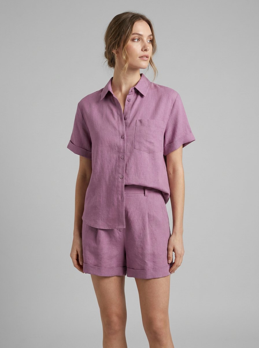 Felicity Women's Set | Breathable Linen Button-Front Shirt & High-Waist Shorts 5