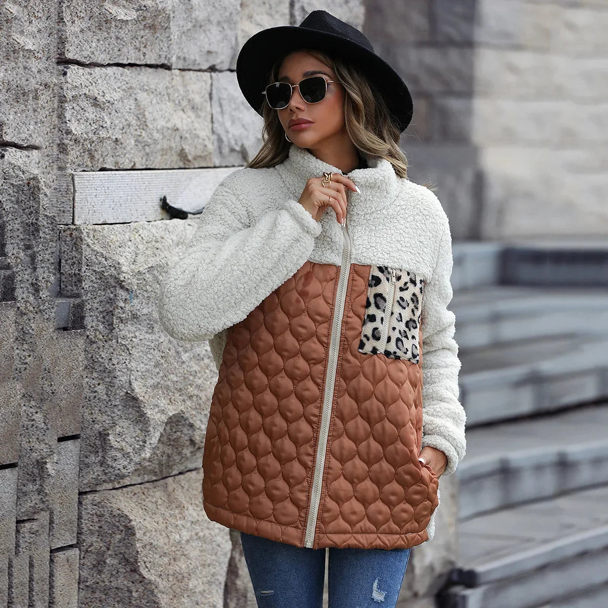 Fiora Quilted Jacket | Sherpa Fleece, High Stand Collar, Full Zip, Hip Length 1