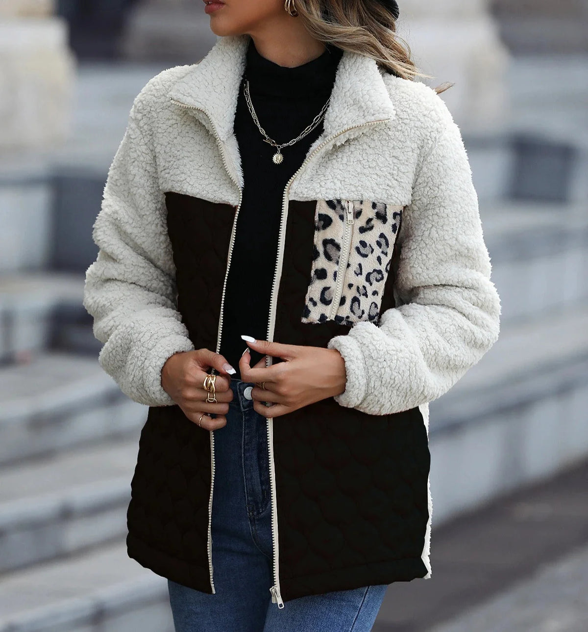 Fiora Quilted Jacket | Sherpa Fleece, High Stand Collar, Full Zip, Hip Length 2