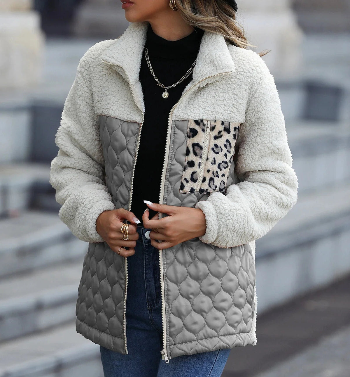 Fiora Quilted Jacket | Sherpa Fleece, High Stand Collar, Full Zip, Hip Length 4