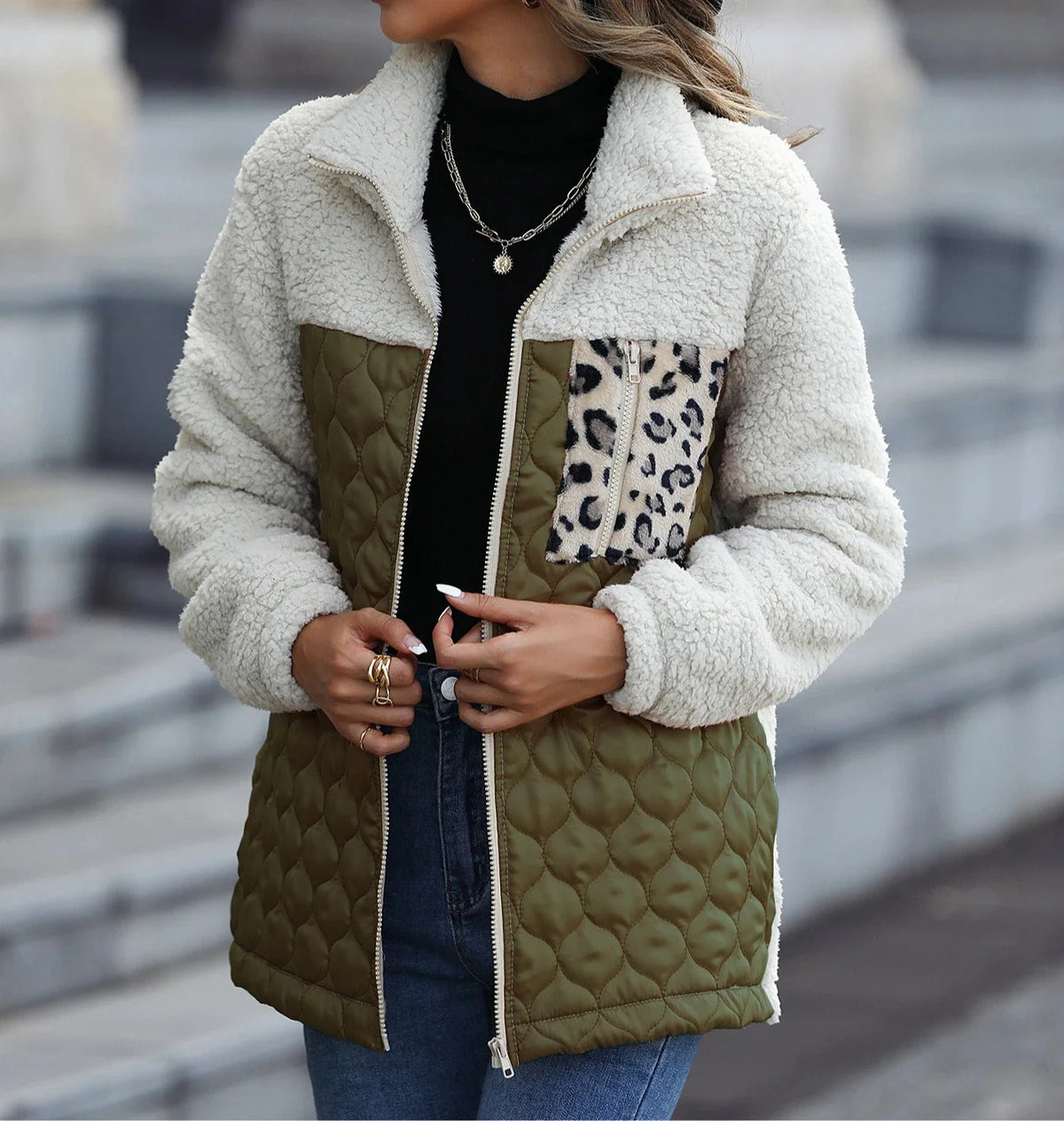 Fiora Quilted Jacket | Sherpa Fleece, High Stand Collar, Full Zip, Hip Length 6