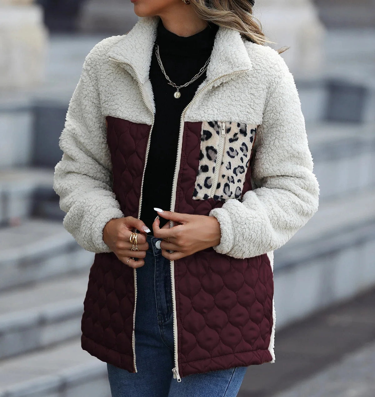 Fiora Quilted Jacket | Sherpa Fleece, High Stand Collar, Full Zip, Hip Length 7