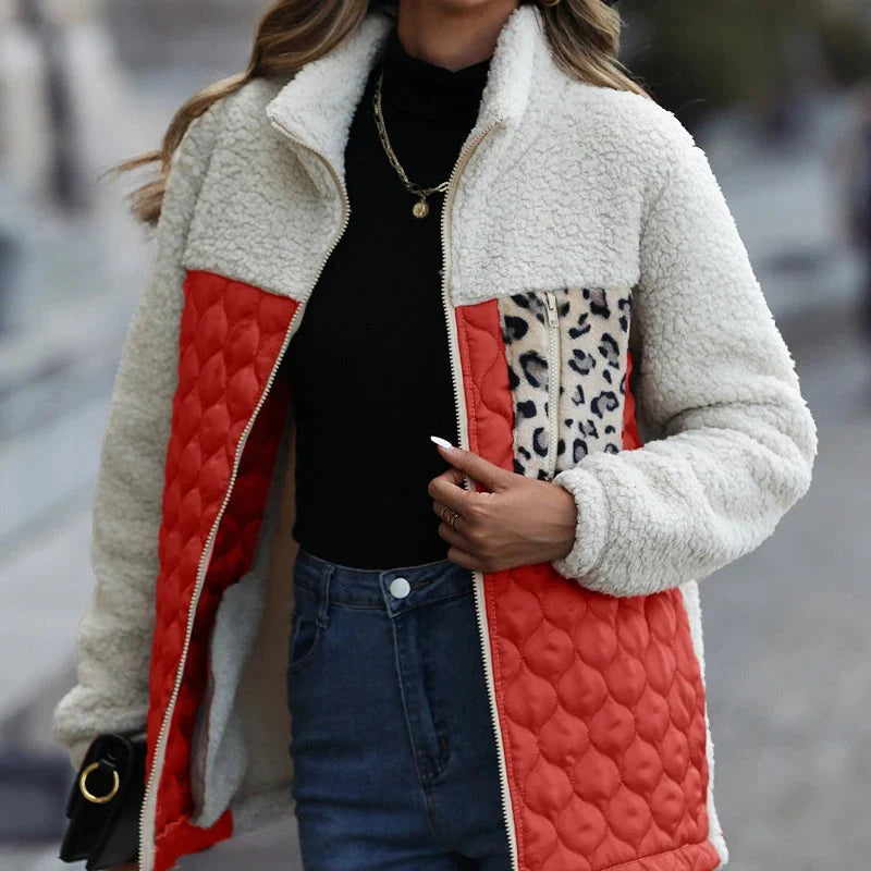Fiora Quilted Jacket | Sherpa Fleece, High Stand Collar, Full Zip, Hip Length 8