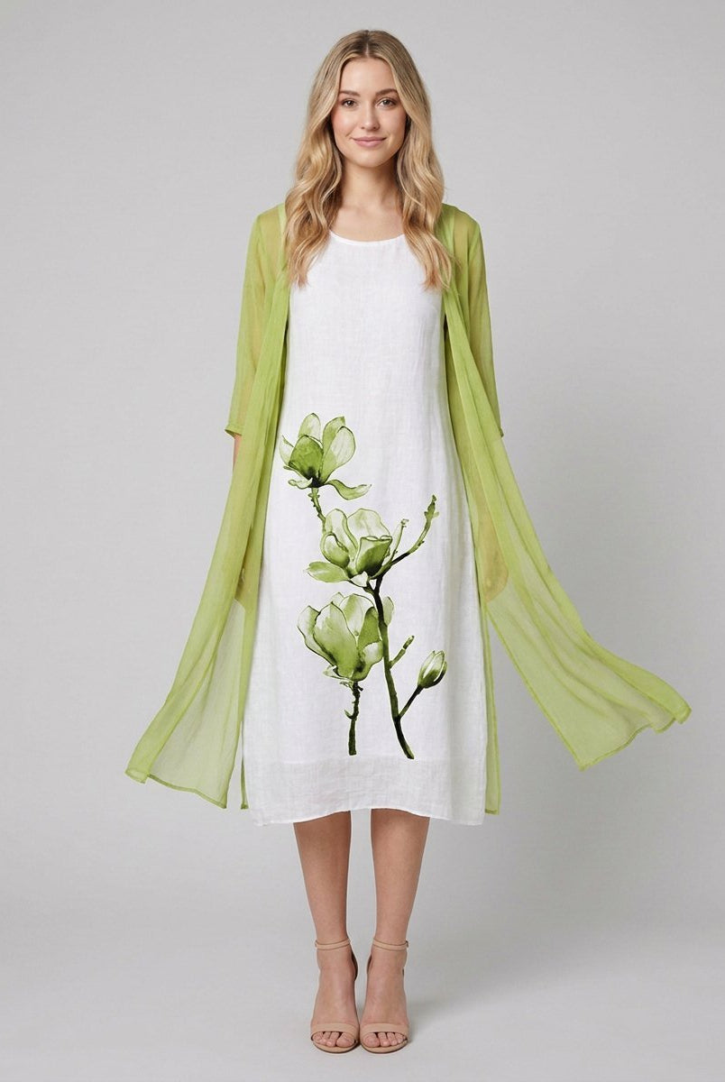 Fleur Midi Dress Set | Floral Linen Dress with Chiffon Cardigan, Perfect for Summer Weddings and Formal Events 0