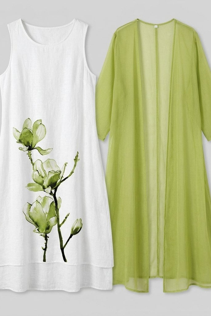 Fleur Midi Dress Set | Floral Linen Dress with Chiffon Cardigan, Perfect for Summer Weddings and Formal Events 4