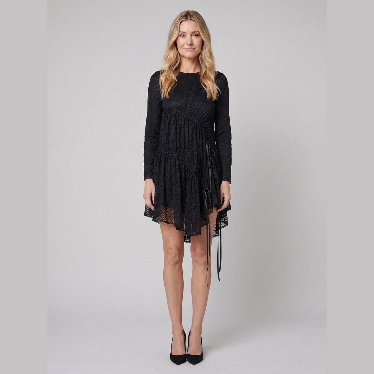 Hera Lace Dress | Ruched Tiered Midi, Sleeveless, White Cocktail Dress for Wedding Guests 0