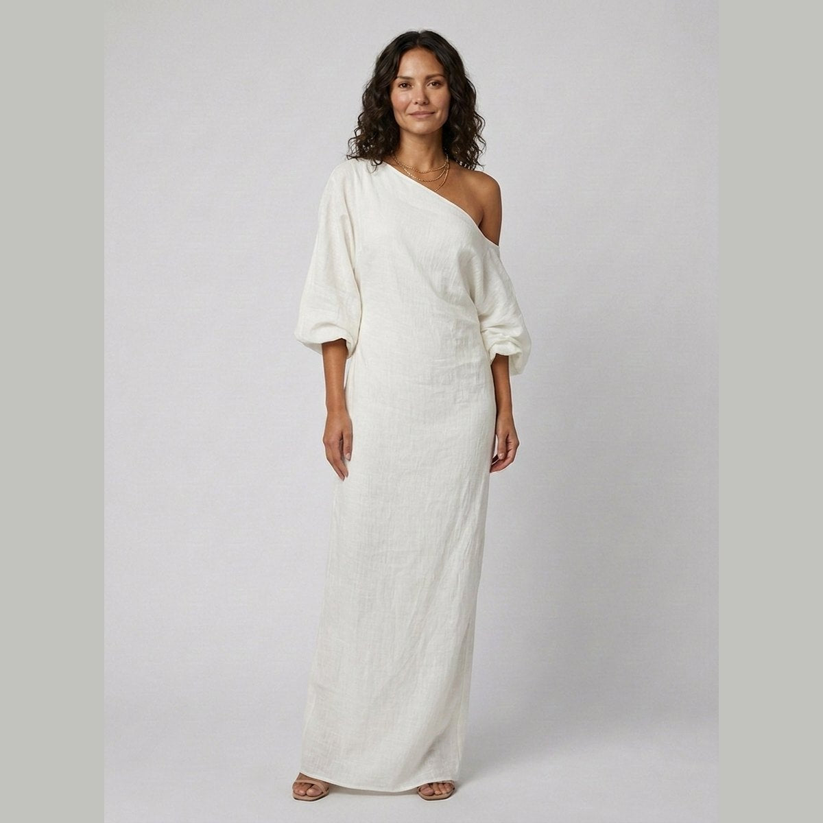 Ivory Elegance Maxi Dress | Cotton-Linen Blend, One-Shoulder 0