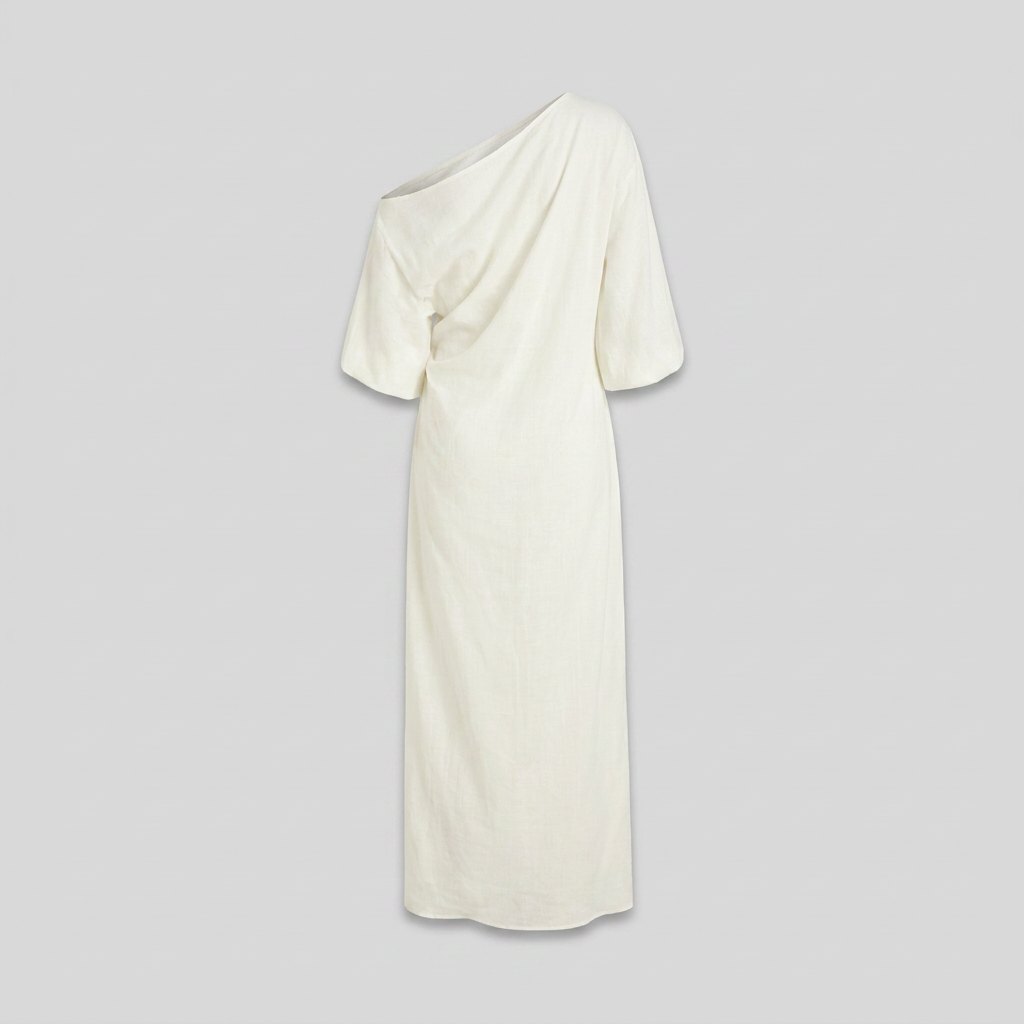 Ivory Elegance Maxi Dress | Cotton-Linen Blend, One-Shoulder 3