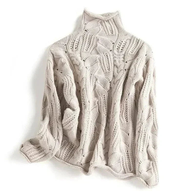 Lara Turtleneck Sweater | Braided-Knit Texture, Beige or Blue 0