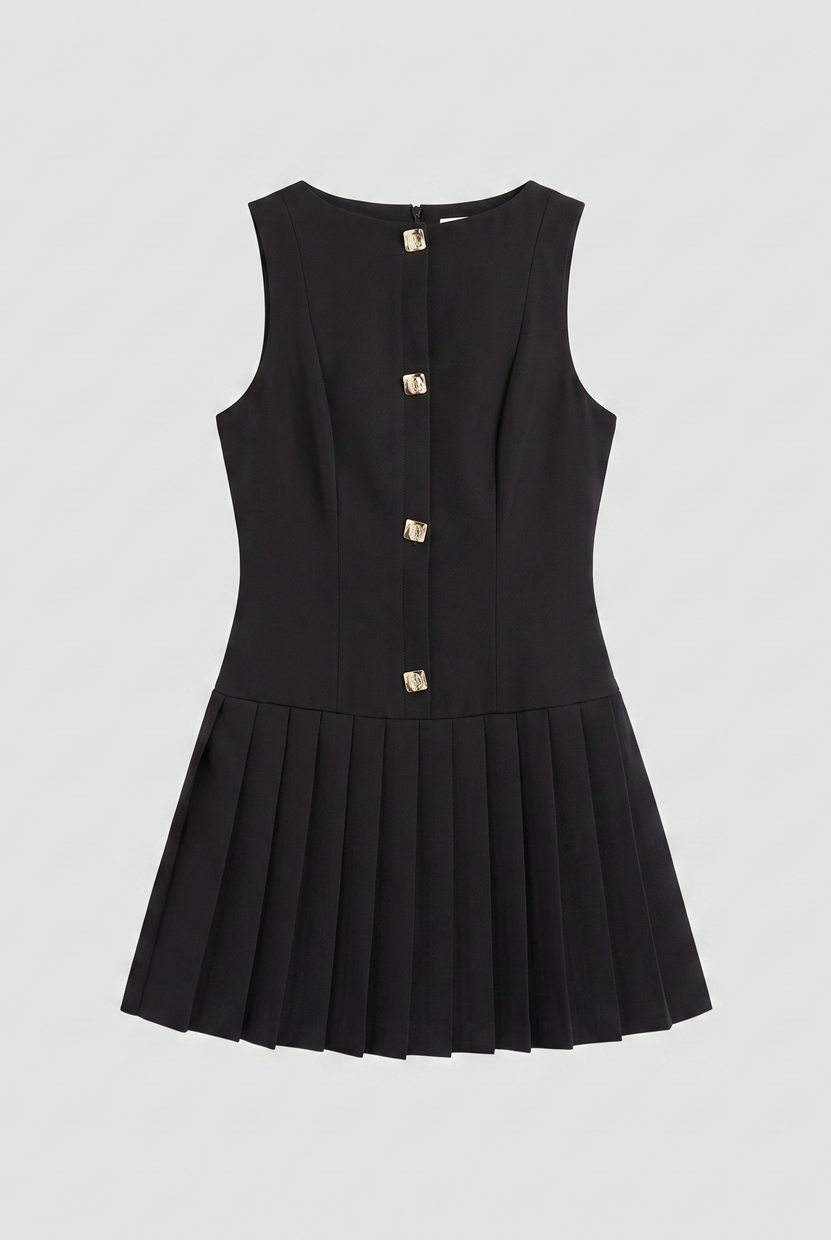 Simone black sleeveless mini dress with pleated skirt and gold buttons 5