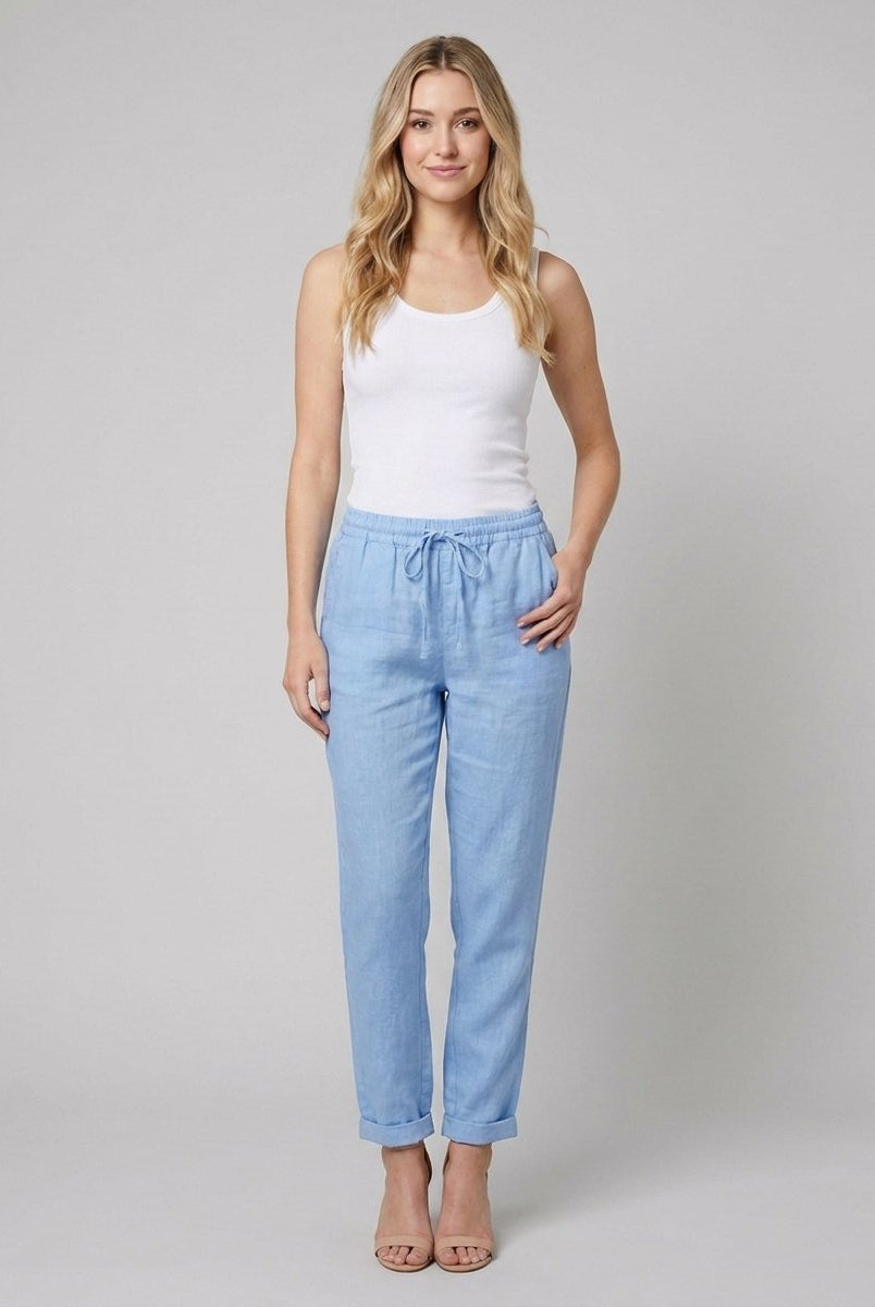 Liora Women's Pants | White Linen, Drawstring Waist, Relaxed Fit 0