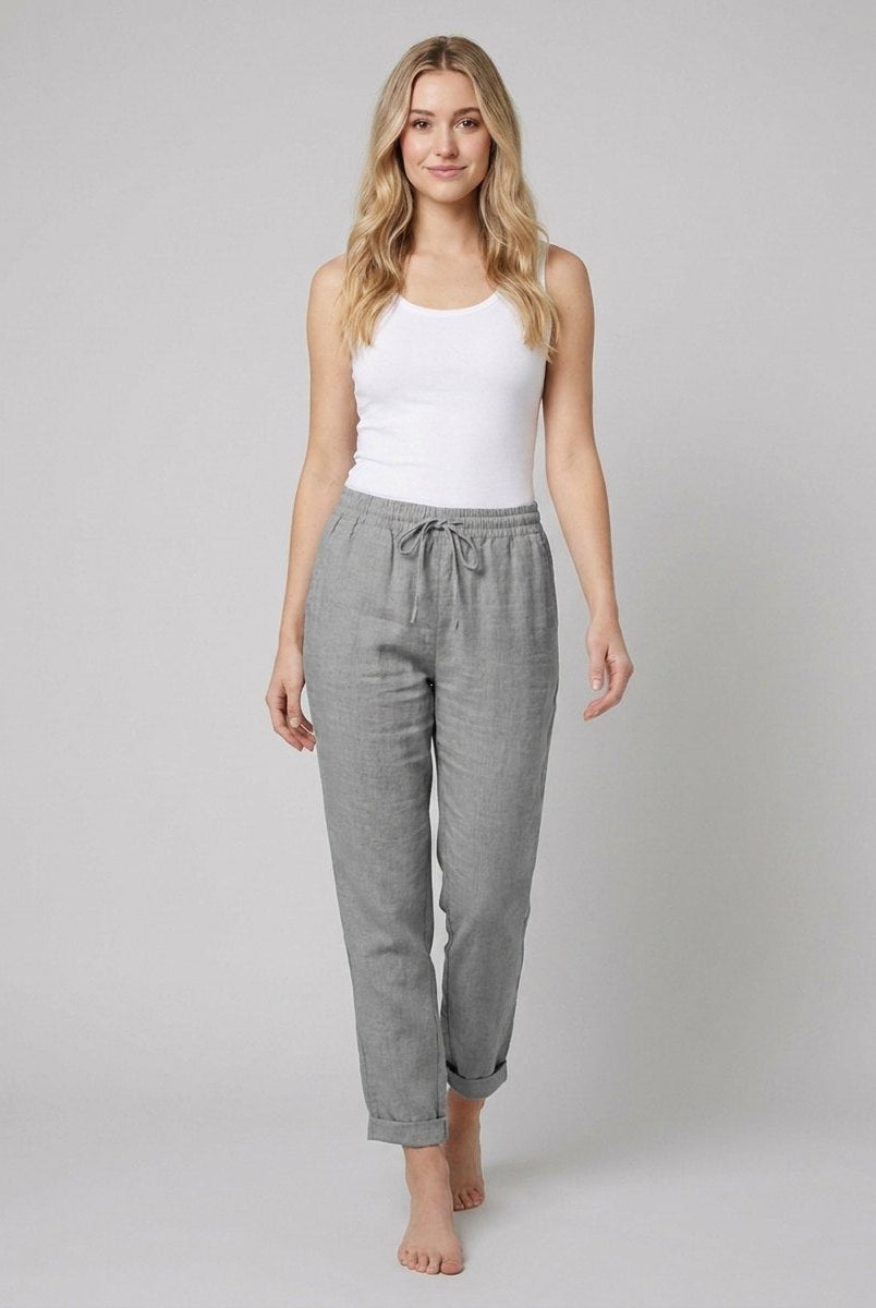 Liora Women's Pants | White Linen, Drawstring Waist, Relaxed Fit 2