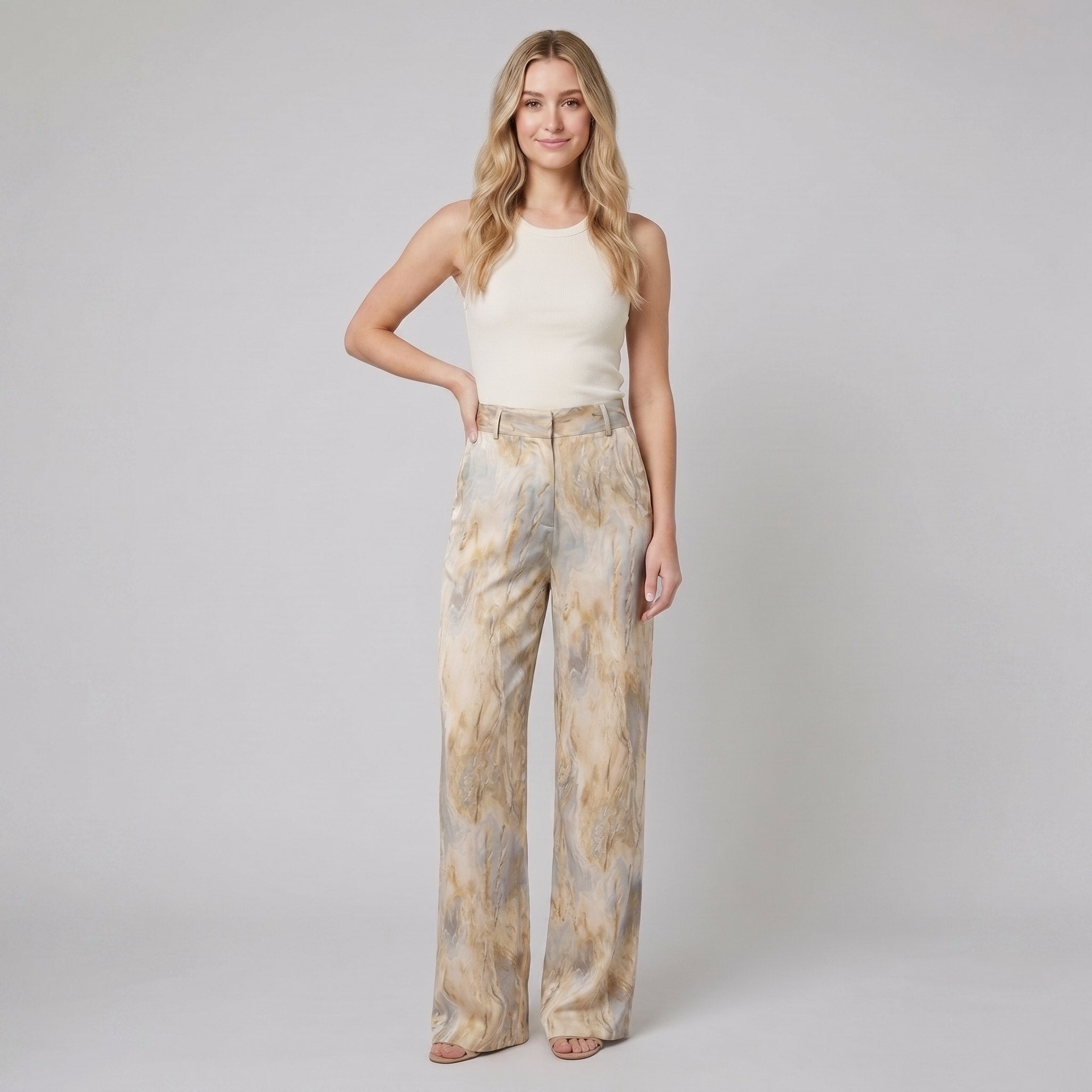 Mira High Waisted Pants | Marble Print, Soft Fabric, Full-Length 0