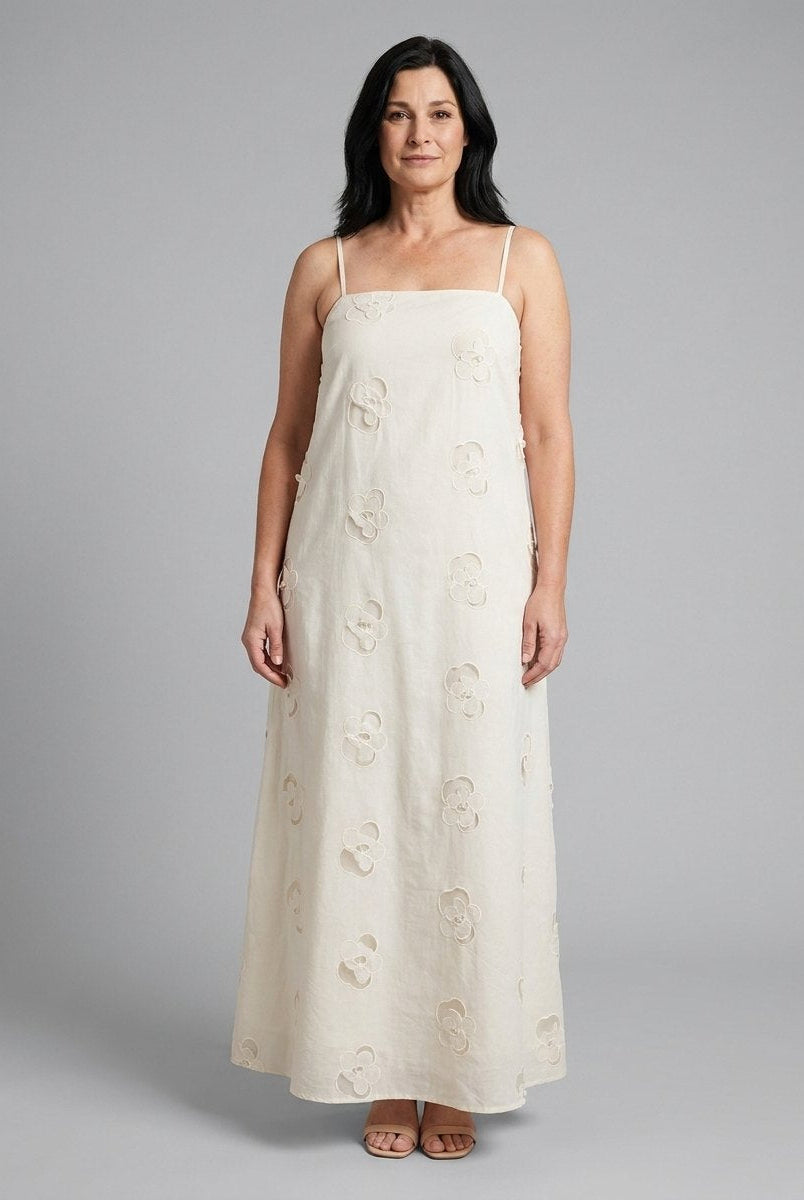 Mira Maxi Dress | Beige Cutwork, A-Line Silhouette for Summer Events 0
