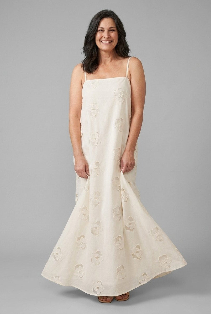 Mira Maxi Dress | Beige Cutwork, A-Line Silhouette for Summer Events 1