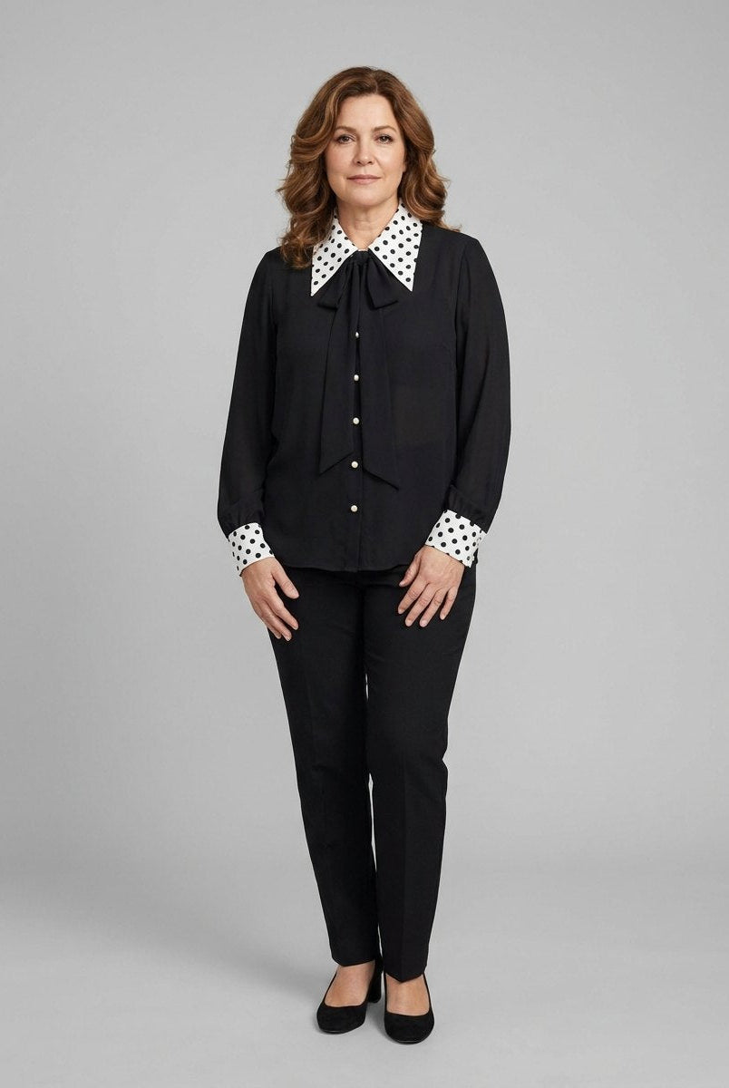 Mira Women's Blouse | Long Sleeve, Lightweight Polka Dot Necktie 0
