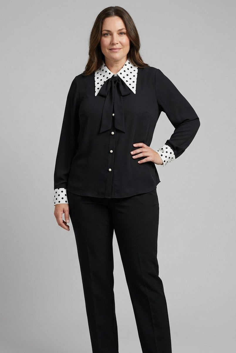 Mira Women's Blouse | Long Sleeve, Lightweight Polka Dot Necktie 1