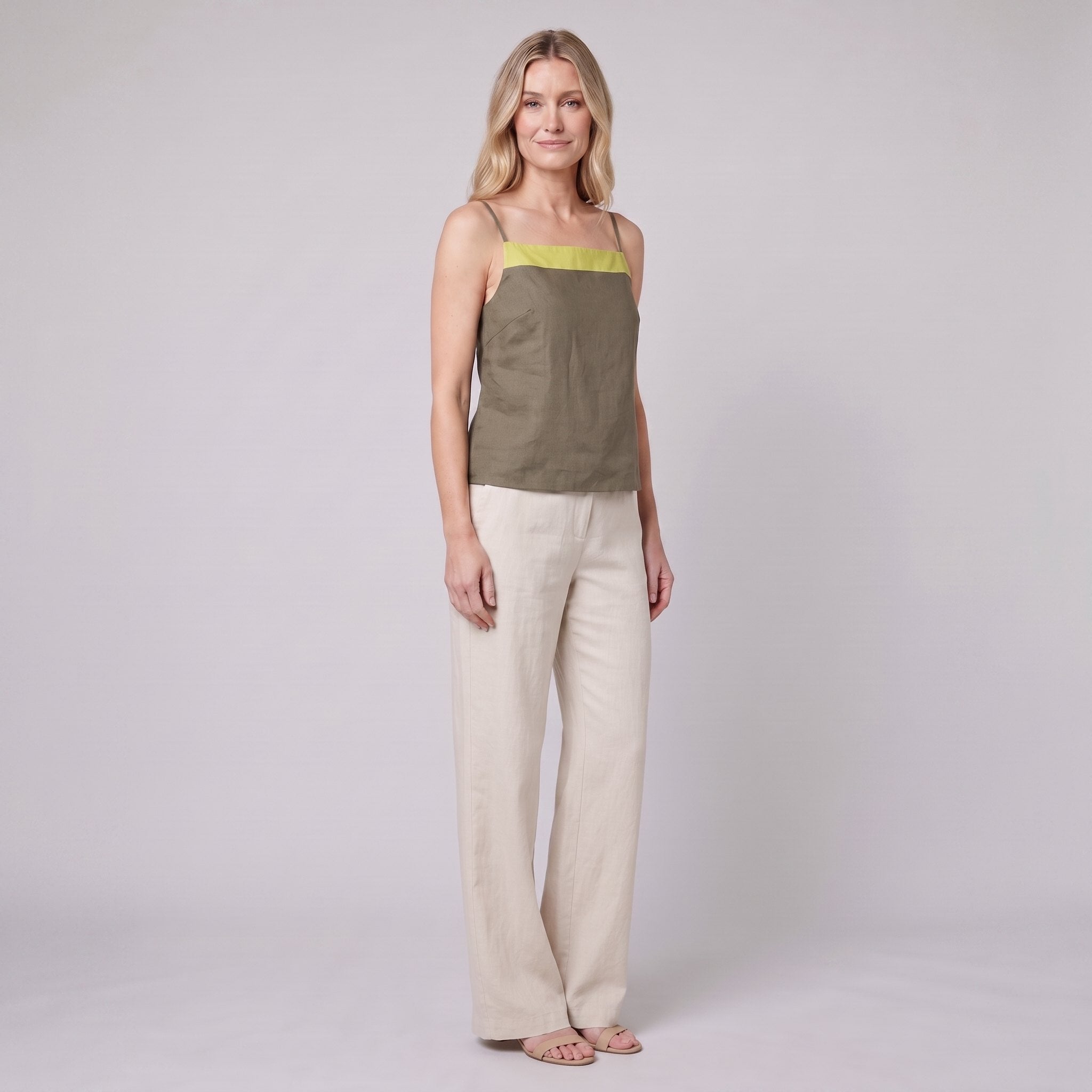 Mira Women's Top | Breathable Linen Tank Top, Adjustable Straps, Colorblock Design 1