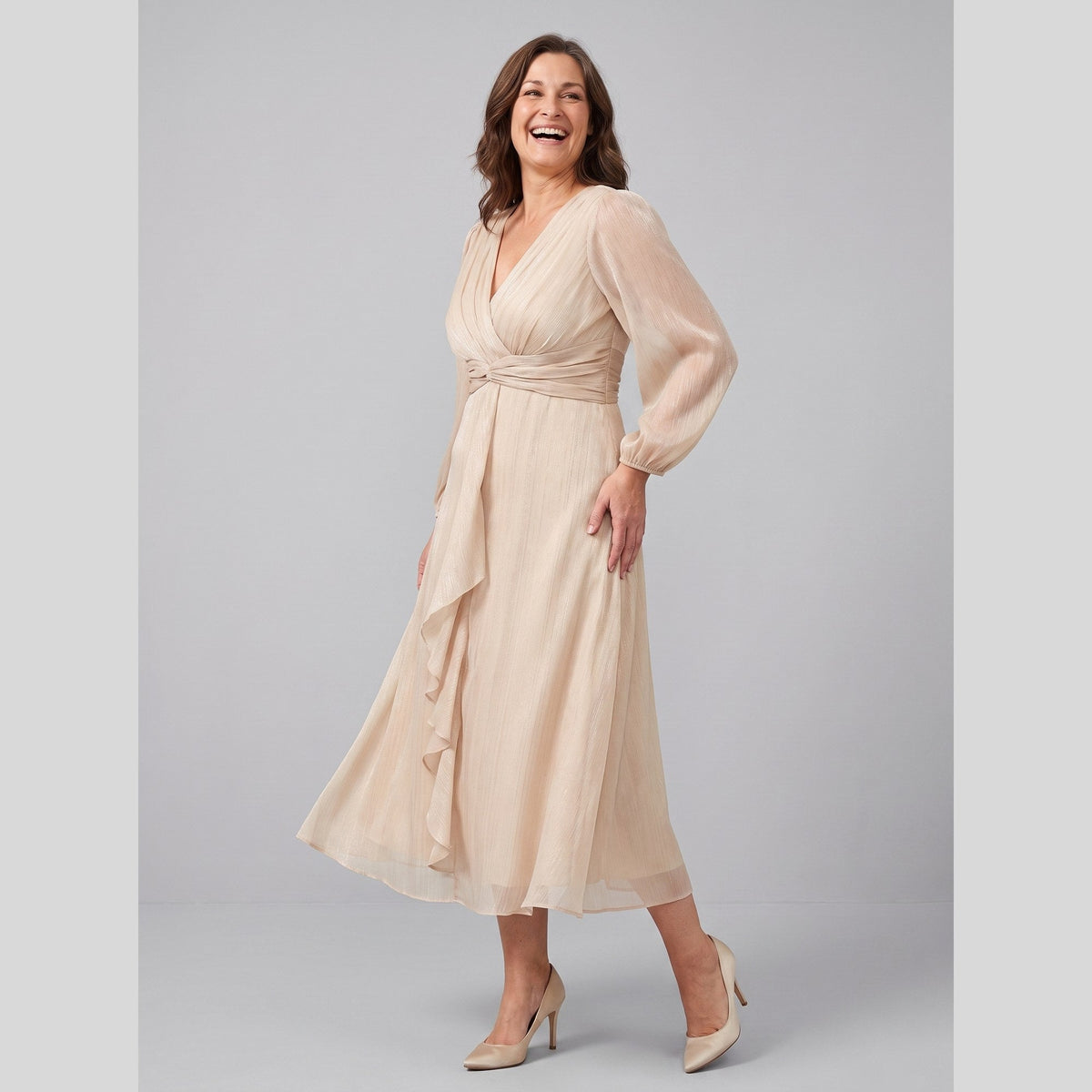 Solveig chiffon dress with twist-knot waist and sheer sleeves 8