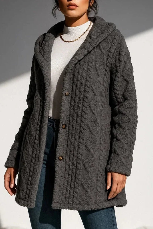 Nora Plush Coat | Hooded Jacquard, Relaxed Fit 11
