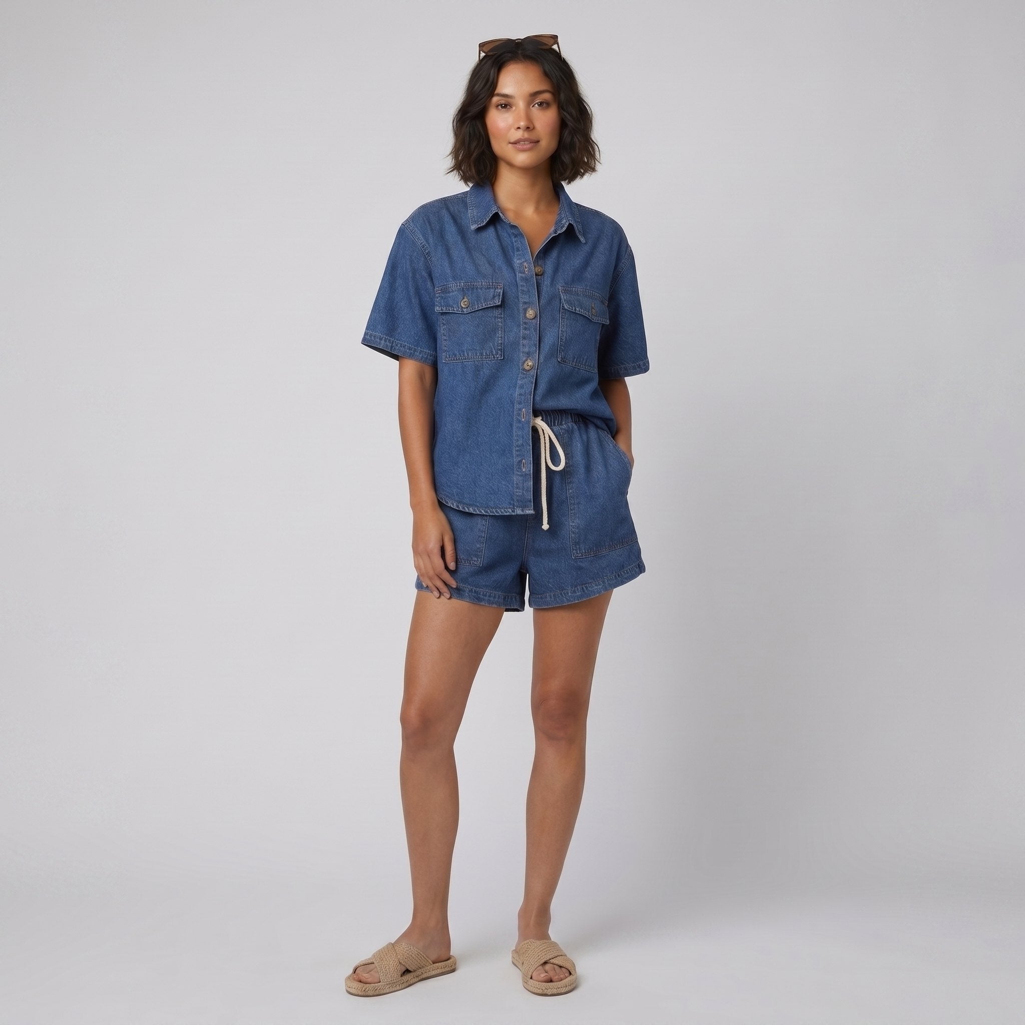 Olivia Women's Set | Organic Cotton Blend Loungewear Pajama Set with Button-Down Top & Drawstring Shorts 0