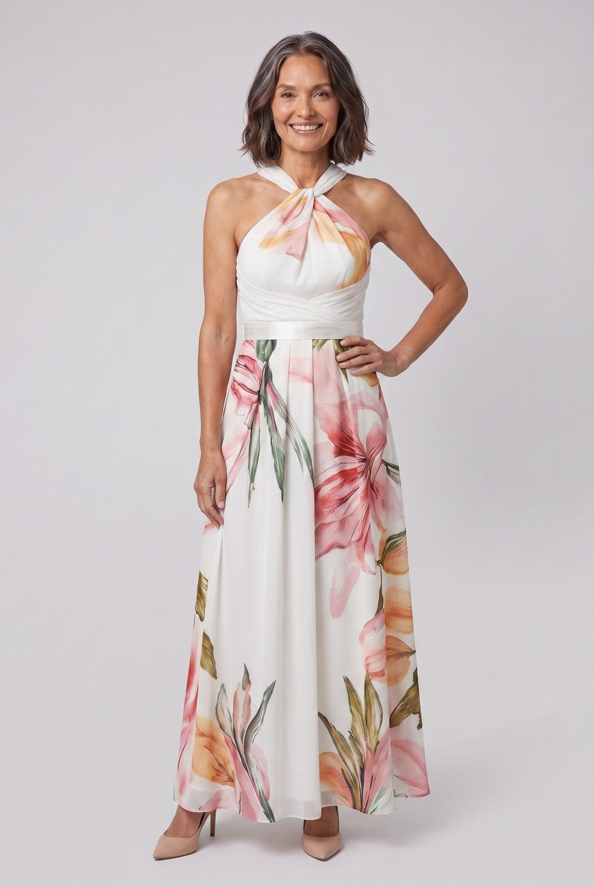 Emeline halter neck gown with watercolour floral print 1