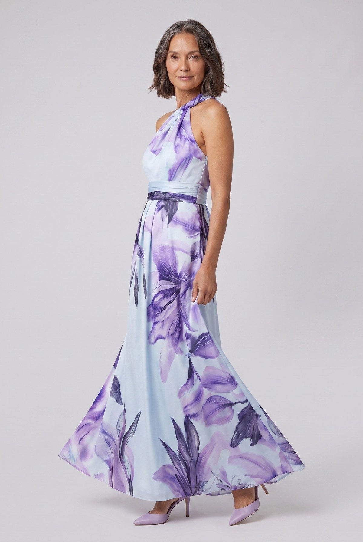 Emeline halter neck gown with watercolour floral print 2