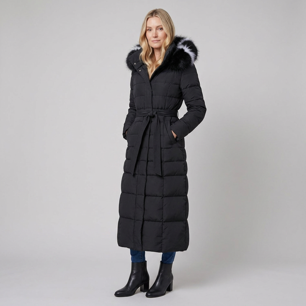 Quinna Black Puffer Jacket | Quilted Long Maxi Coat with Faux Fur Hood 2