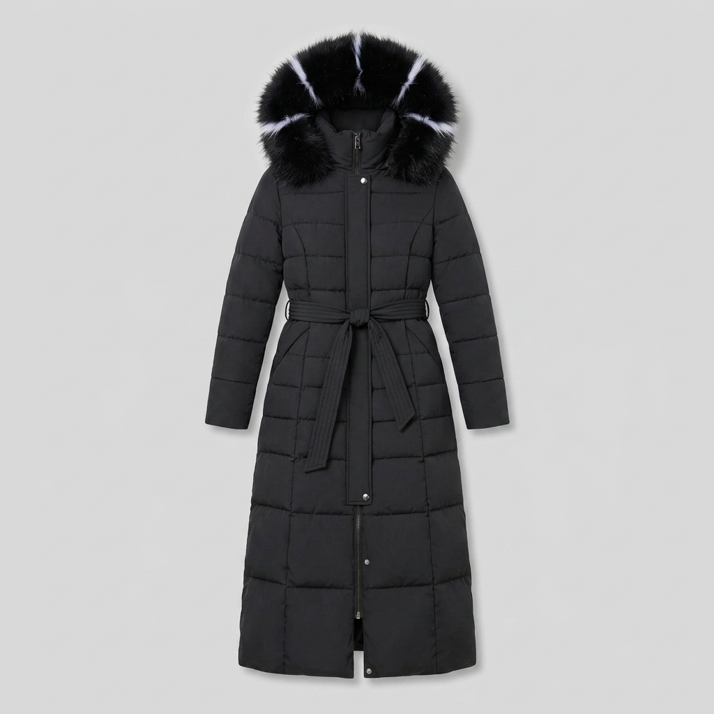Quinna Black Puffer Jacket | Quilted Long Maxi Coat with Faux Fur Hood 4