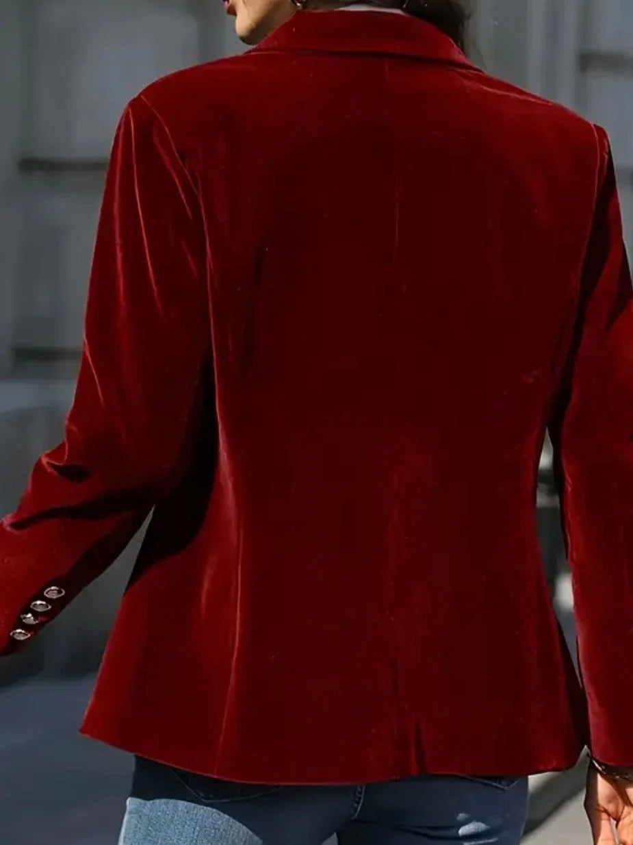 Raven Velvet Blazer | Tailored Ruby Red with Gold Button Detail 2