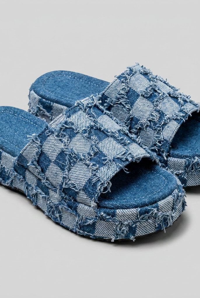 Riley Denim Slides | Organic Cotton, Checkerboard Pattern 0