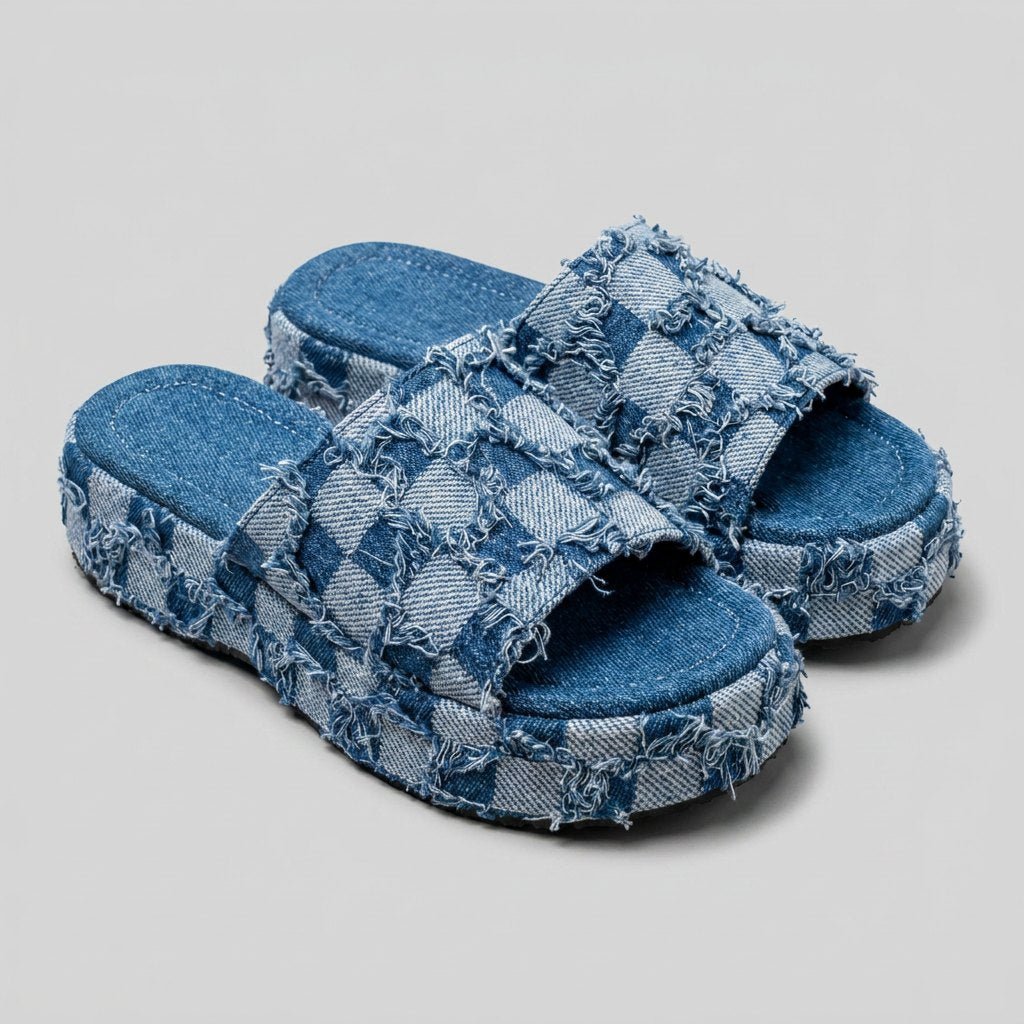 Riley Denim Slides | Organic Cotton, Checkerboard Pattern 0