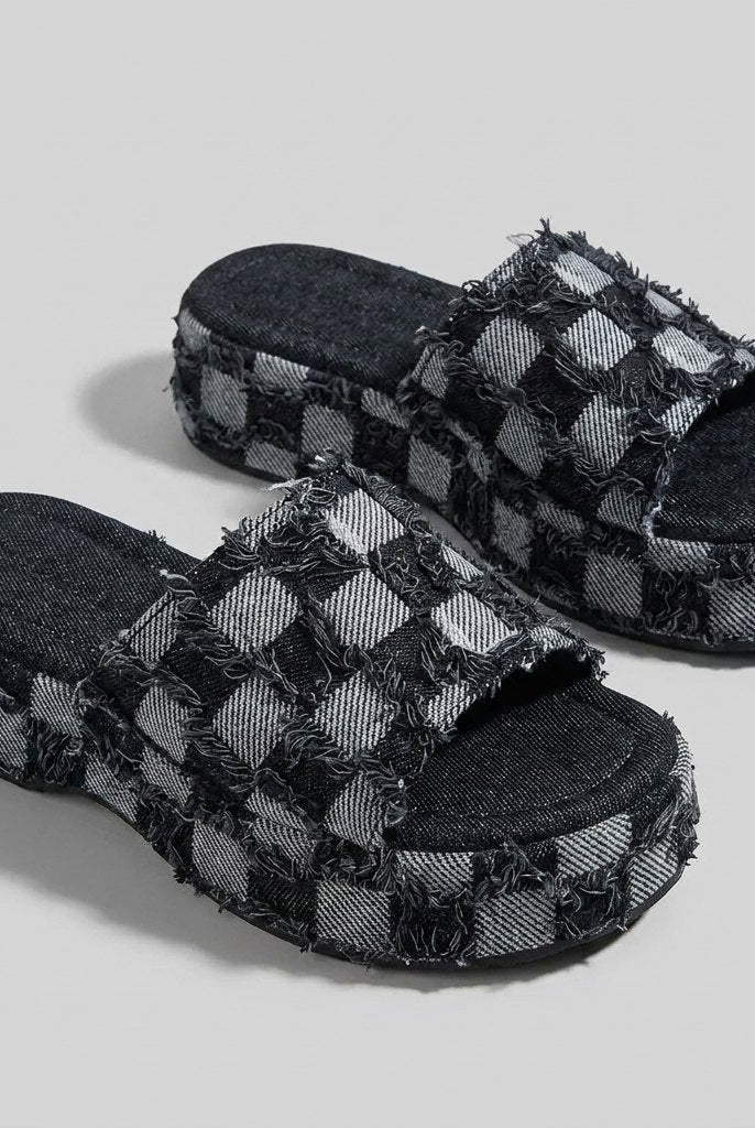 Riley Denim Slides | Organic Cotton, Checkerboard Pattern 1