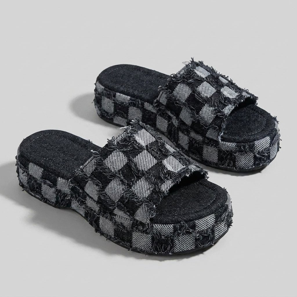 Riley Denim Slides | Organic Cotton, Checkerboard Pattern 1