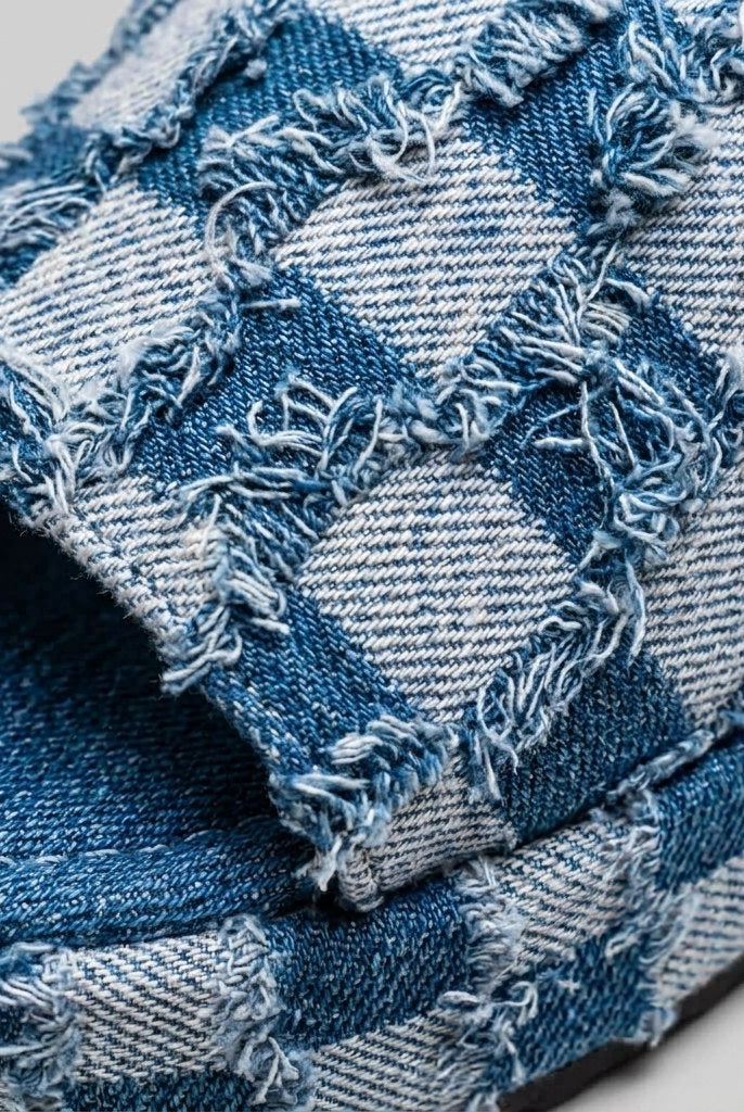 Riley Denim Slides | Organic Cotton, Checkerboard Pattern 2