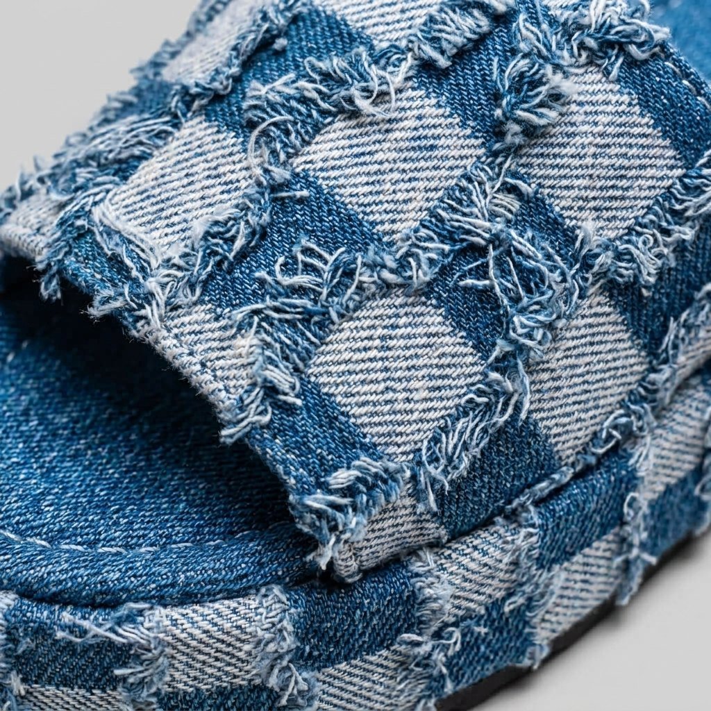 Riley Denim Slides | Organic Cotton, Checkerboard Pattern 2