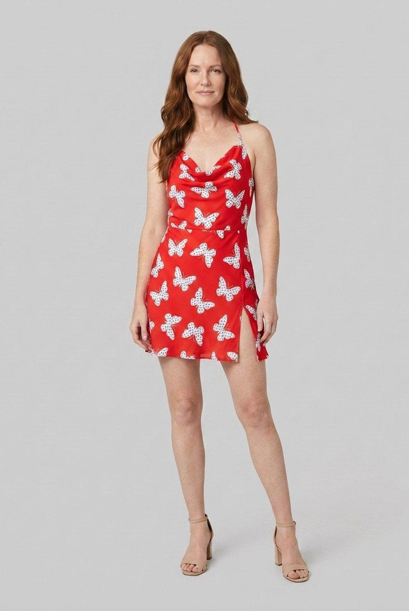 Rivella Women's Dress | Red Butterfly Print, Cowl Neckline, Summer Cocktail 0