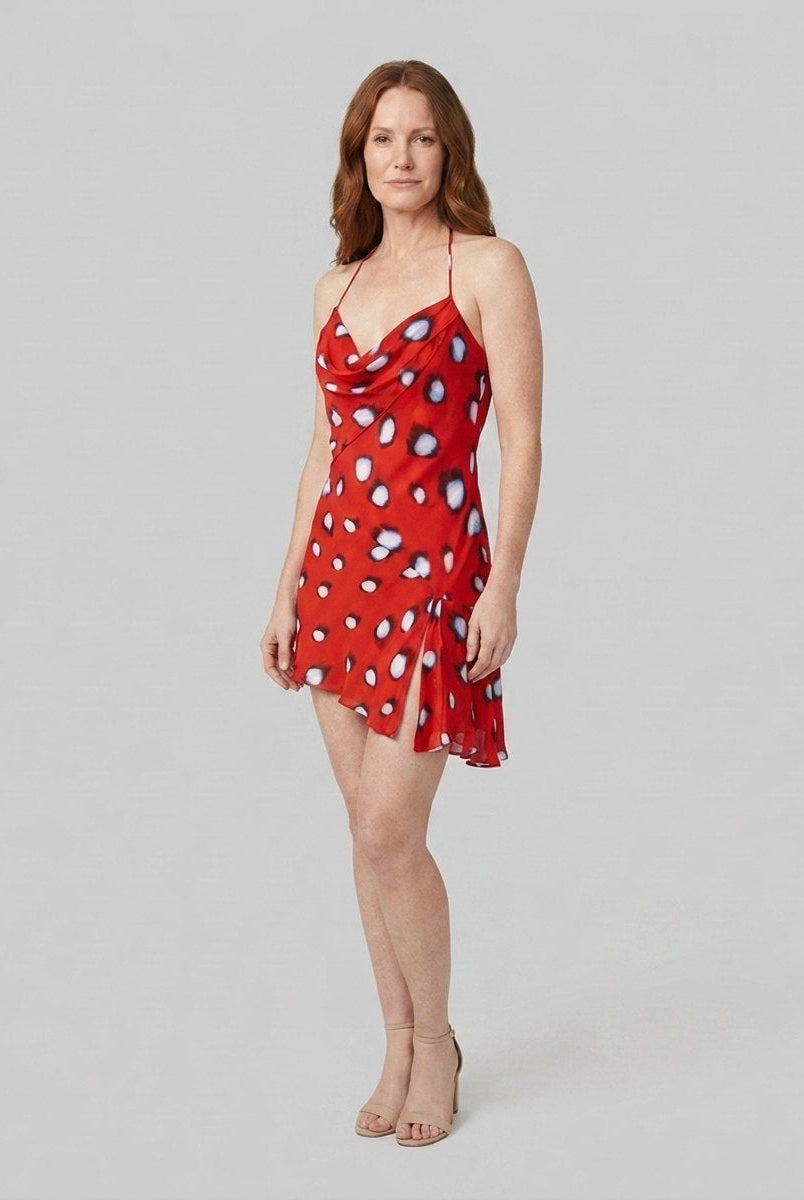 Rivella Women's Dress | Red Butterfly Print, Cowl Neckline, Summer Cocktail 1