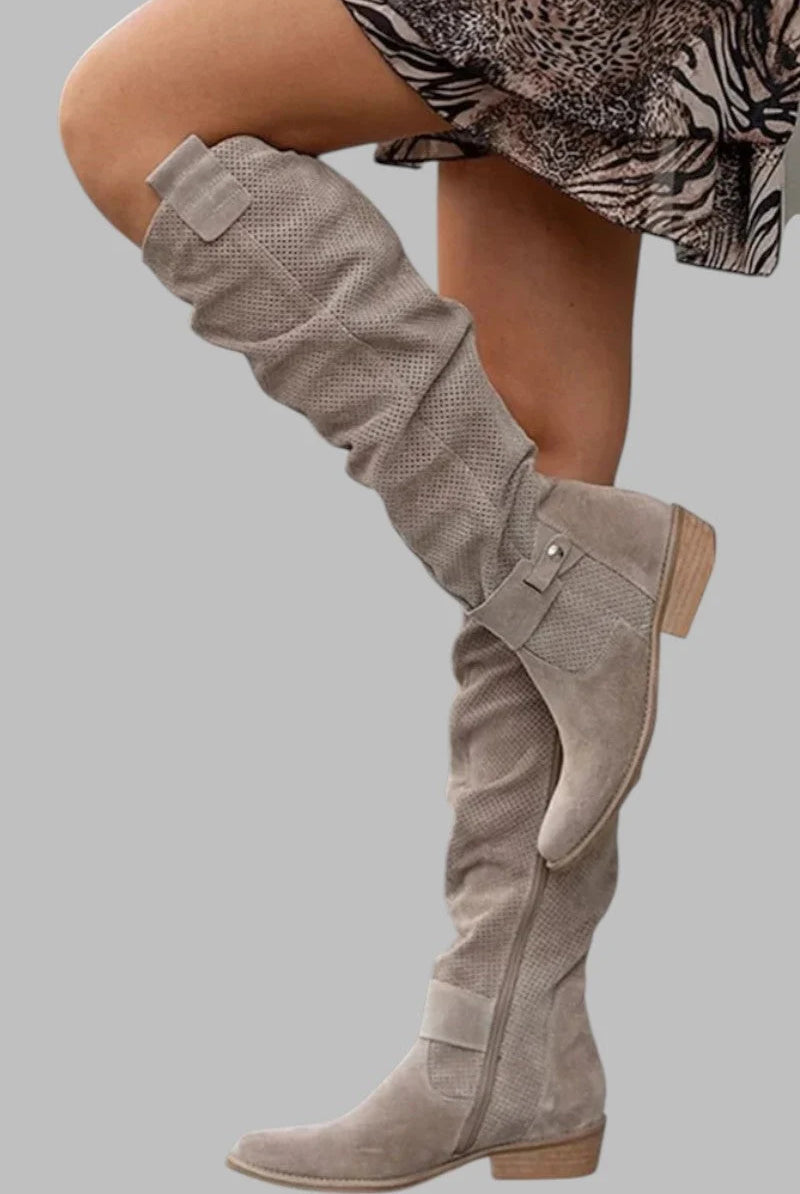 Rosa Knee High Boots for Women | Khaki Suede-Touch, Side Zip, Low Heel 1
