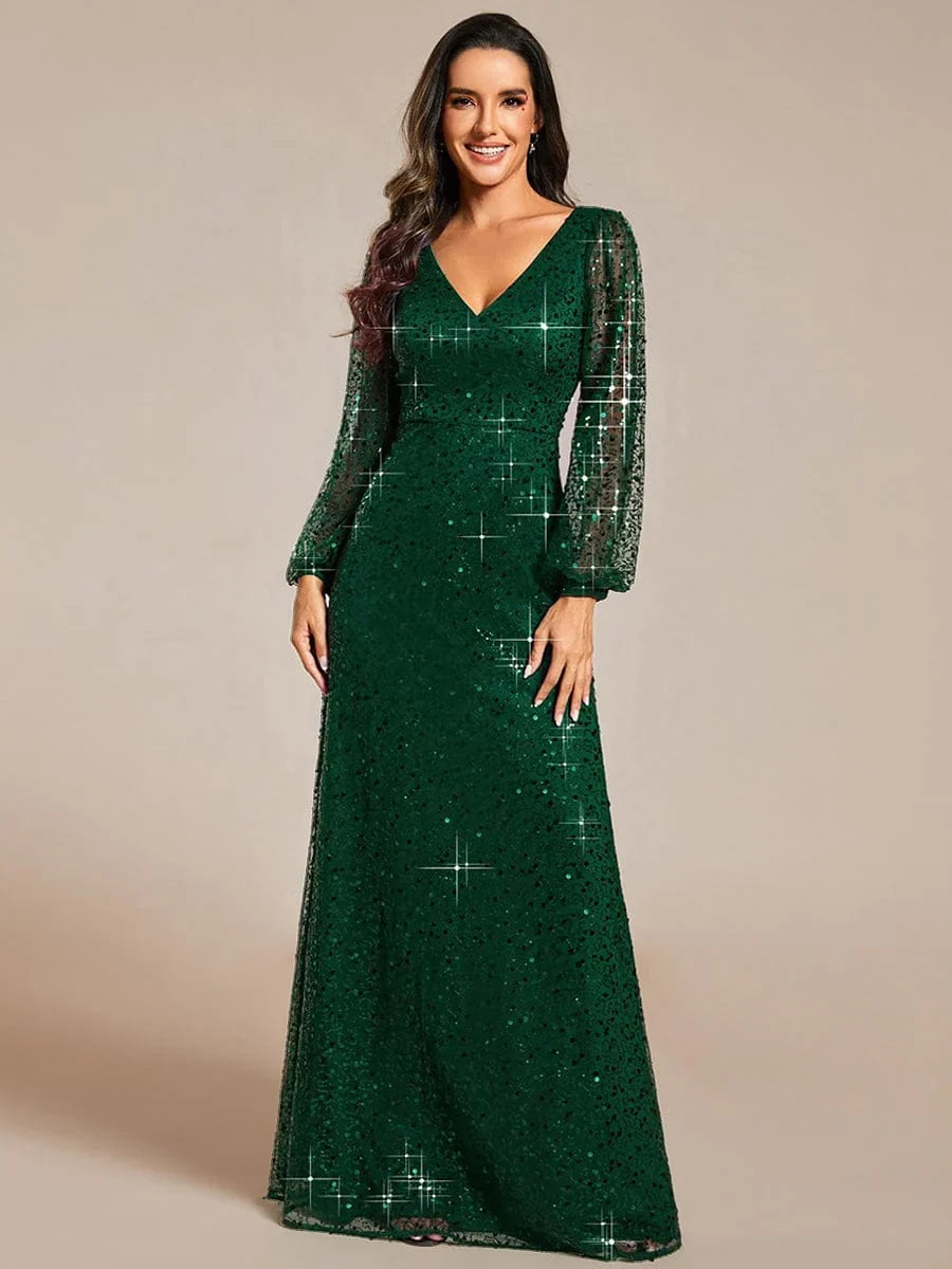 Sierra Evening Dress | Sequin V-Neck A-Line Gown for Women 15