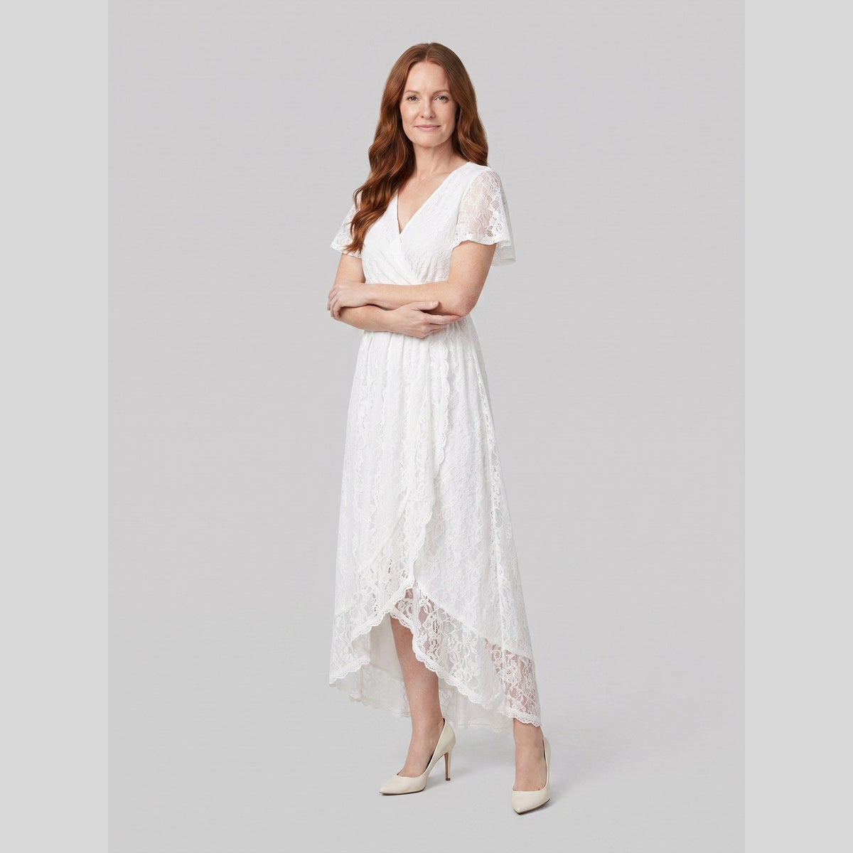 Sylva pleated lace gown with ruffle and high-low hem 5