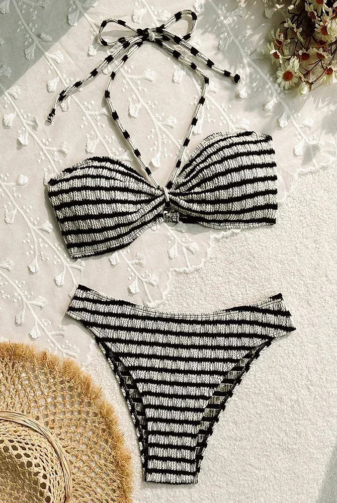 Sierra Striped Bikini Set | Adjustable Halter, High Leg Bikini Bottoms 0