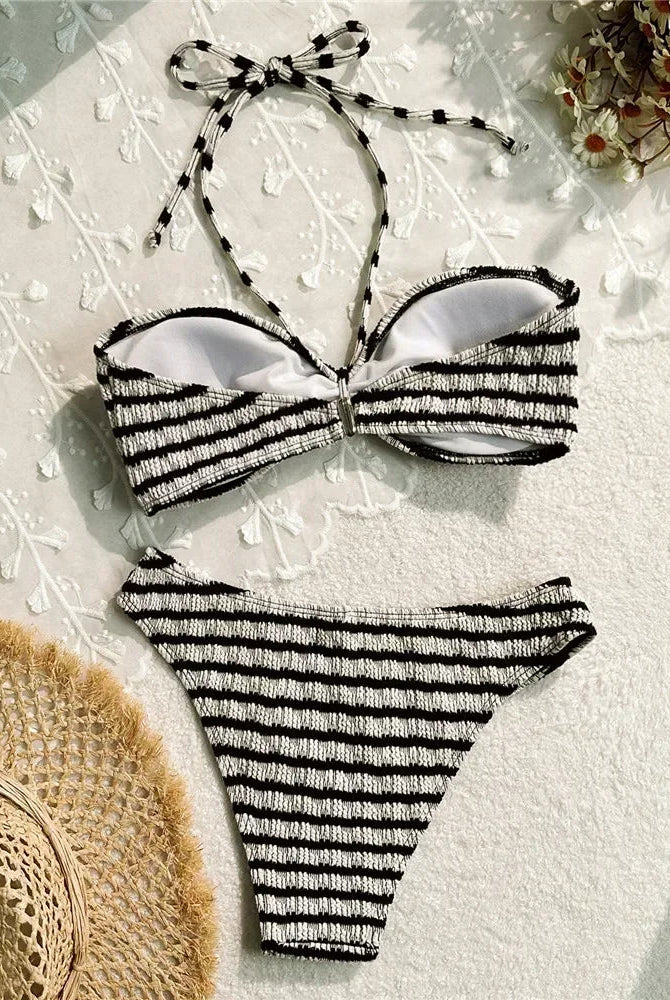 Sierra Striped Bikini Set | Adjustable Halter, High Leg Bikini Bottoms 1