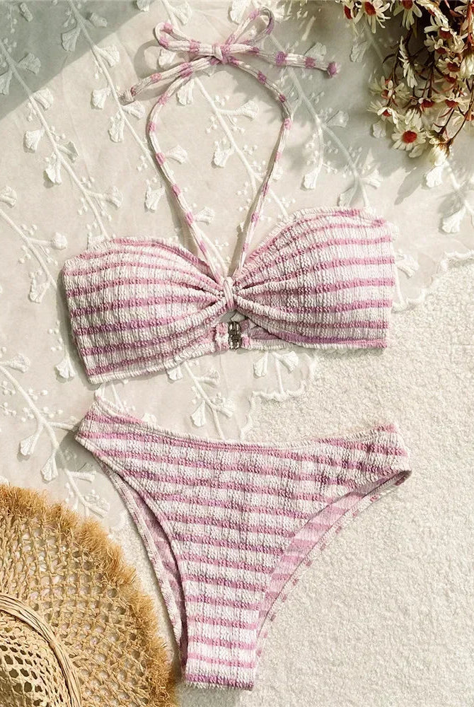 Sierra Striped Bikini Set | Adjustable Halter, High Leg Bikini Bottoms 4