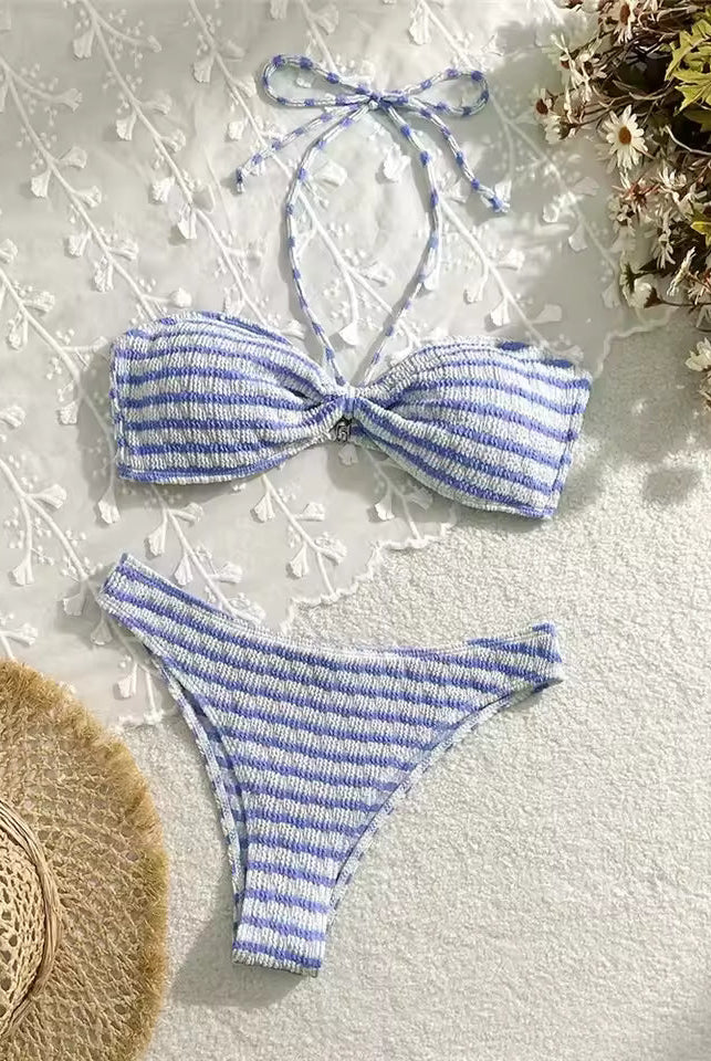 Sierra Striped Bikini Set | Adjustable Halter, High Leg Bikini Bottoms 6