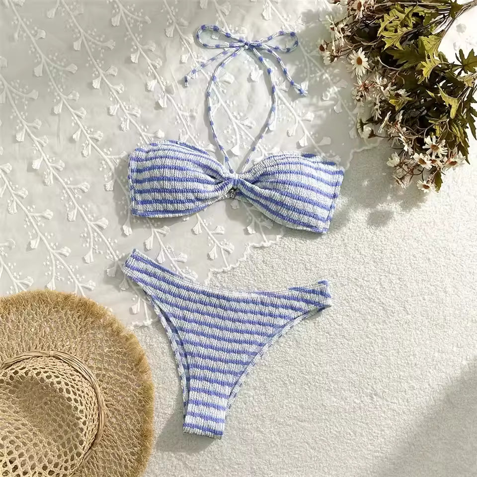 Sierra Striped Bikini Set | Adjustable Halter, High Leg Bikini Bottoms 6