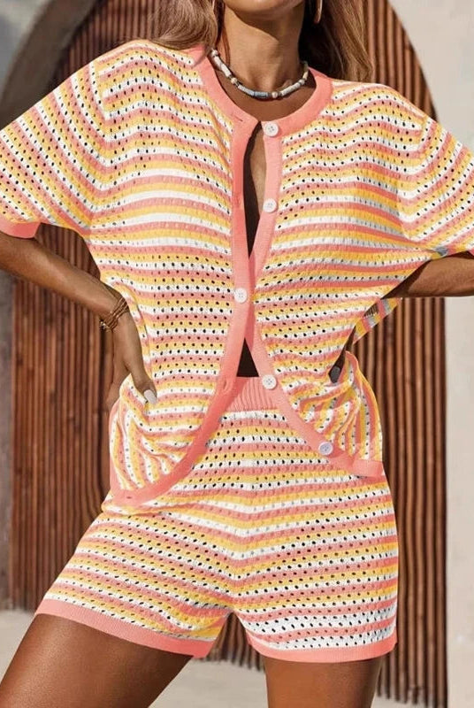 Sola Knitted Co Ord Set | Lightweight Knit, Striped Cardigan & Shorts 1