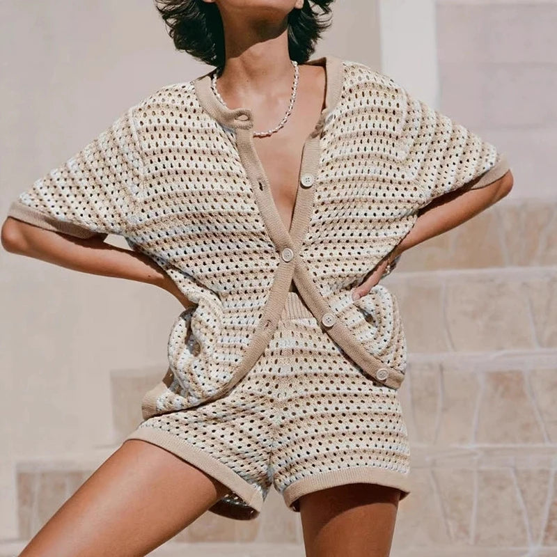 Sola Knitted Co Ord Set | Lightweight Knit, Striped Cardigan & Shorts 2