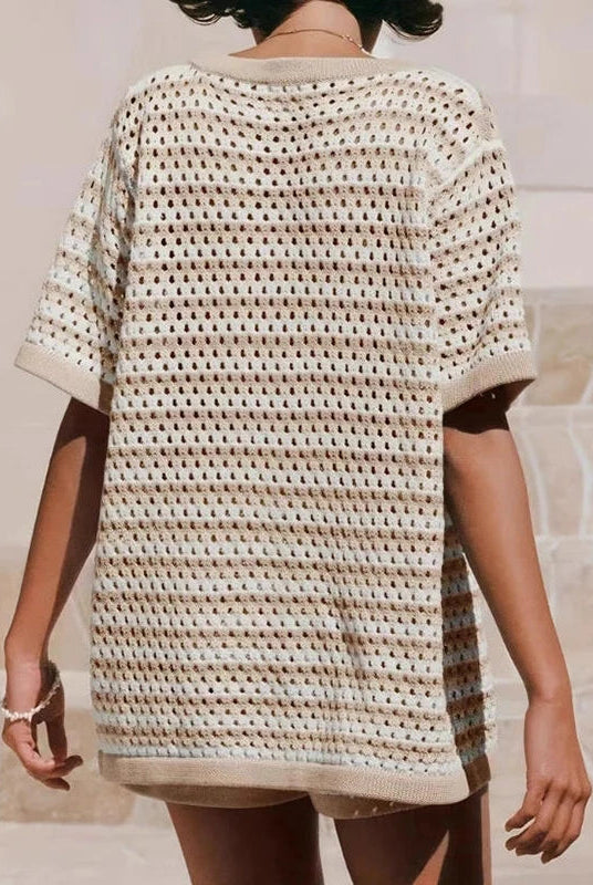 Sola Knitted Co Ord Set | Lightweight Knit, Striped Cardigan & Shorts 3
