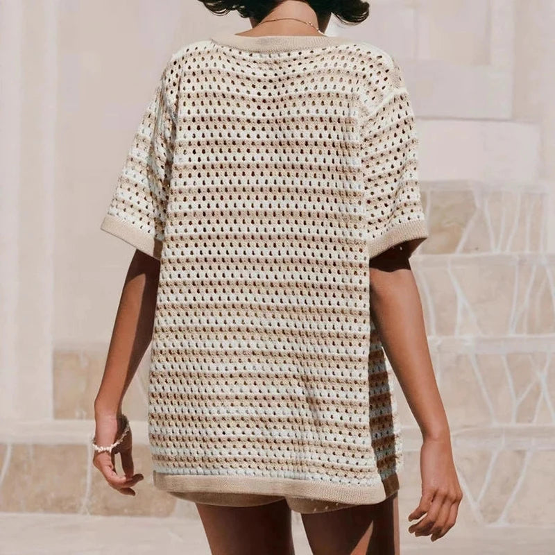 Sola Knitted Co Ord Set | Lightweight Knit, Striped Cardigan & Shorts 3